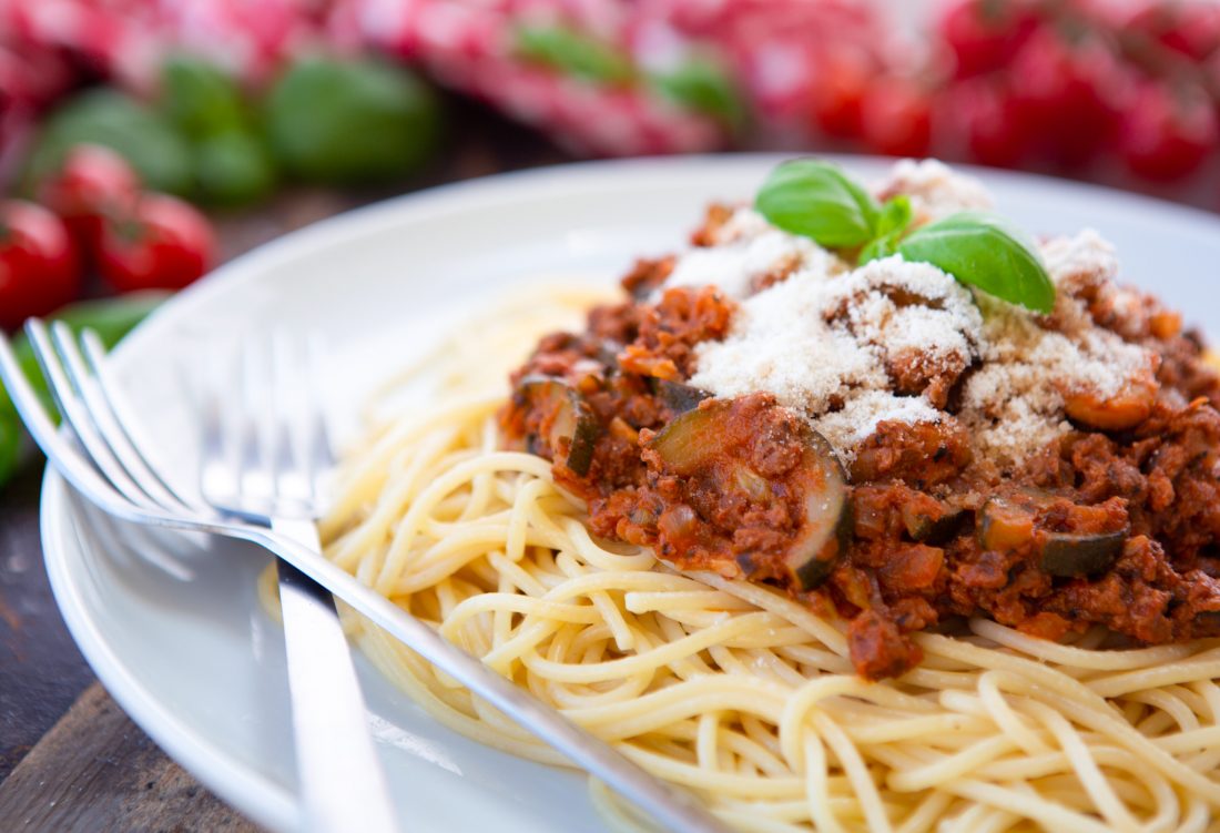 Vegan Spaghetti Bolognese with vegan parmesan