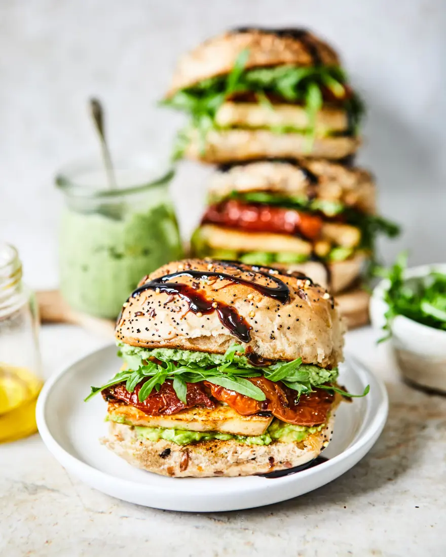 fresh pesto and tofu sandwich with balsamic glaze high protein