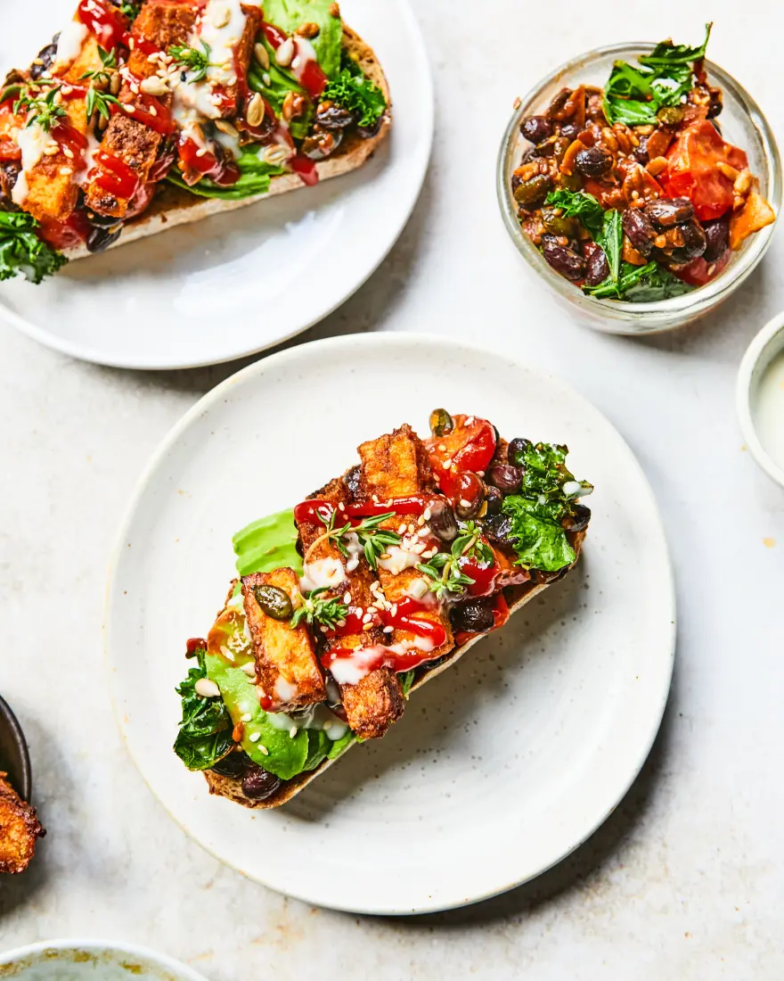 sizzling tofu, kale and bean toast high protein